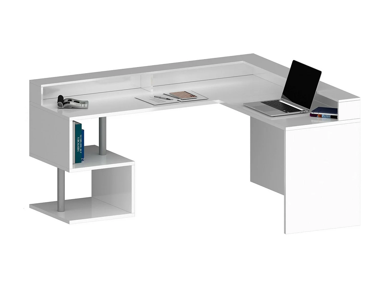 Bureau Albert, Bureau d'angle avec étagères de rangement avec lampes LED, Bureau polyvalent avec plateau, 180x60h93 cm, Blanc