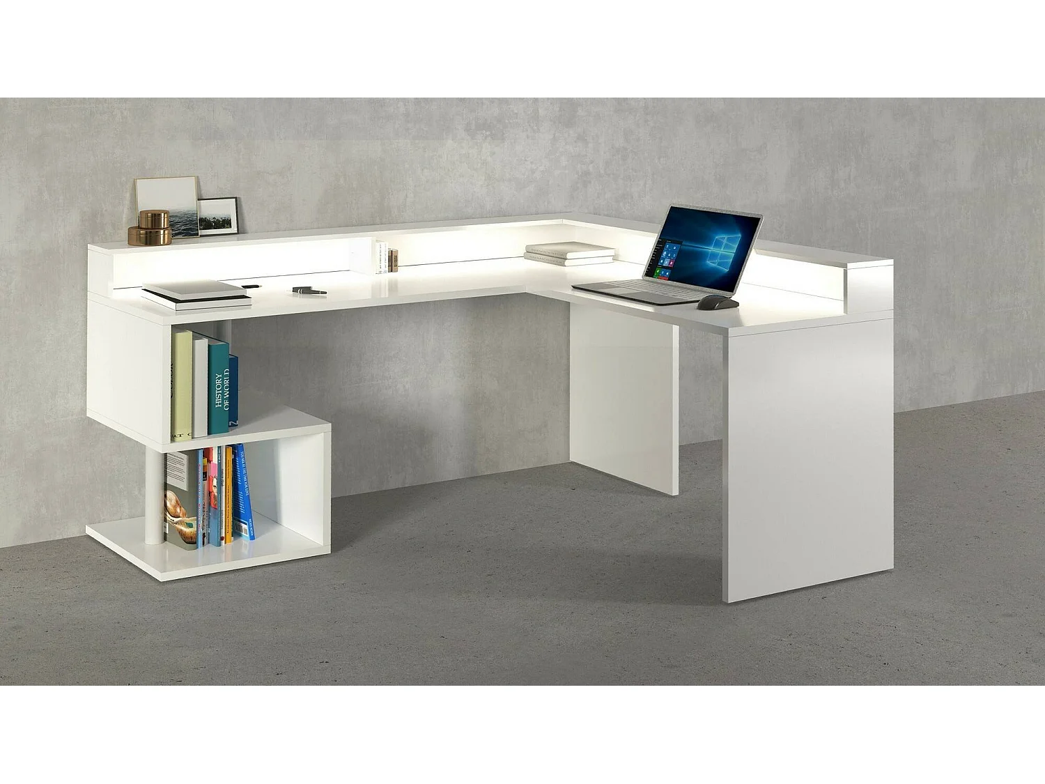 Bureau Albert, Bureau d'angle avec étagères de rangement avec lampes LED, Bureau polyvalent avec plateau, 180x60h93 cm, Blanc