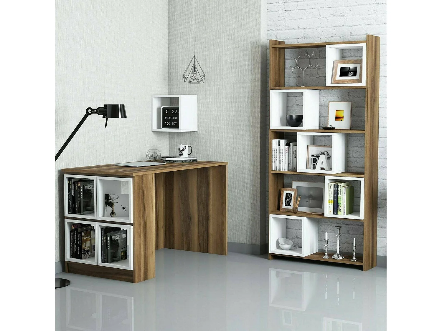 Bureau Cast, Pupitre polyvalent, Table de bureau pour PC, Plan de travail, 120x65h75 cm, Noyer et Blanc