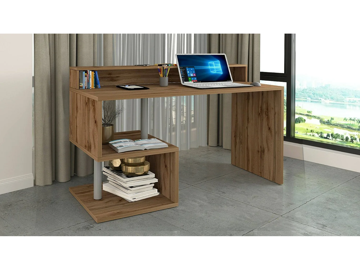 Bureau Alain, Bureau linéaire avec étagères de rangement avec lampes LED, Bureau polyvalent avec plateau, 140x60h93 cm, Chêne