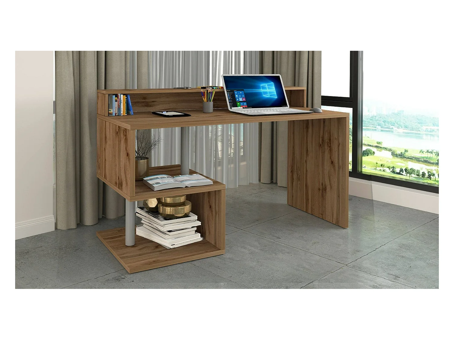 Bureau Alain, Bureau linéaire avec étagères de rangement avec lampes LED, Bureau polyvalent avec plateau, 140x60h93 cm, Chêne