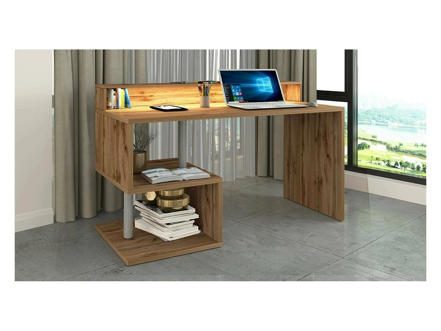 Bureau Alain, Bureau linéaire avec étagères de rangement avec lampes LED, Bureau polyvalent avec plateau, 140x60h93 cm, Chêne