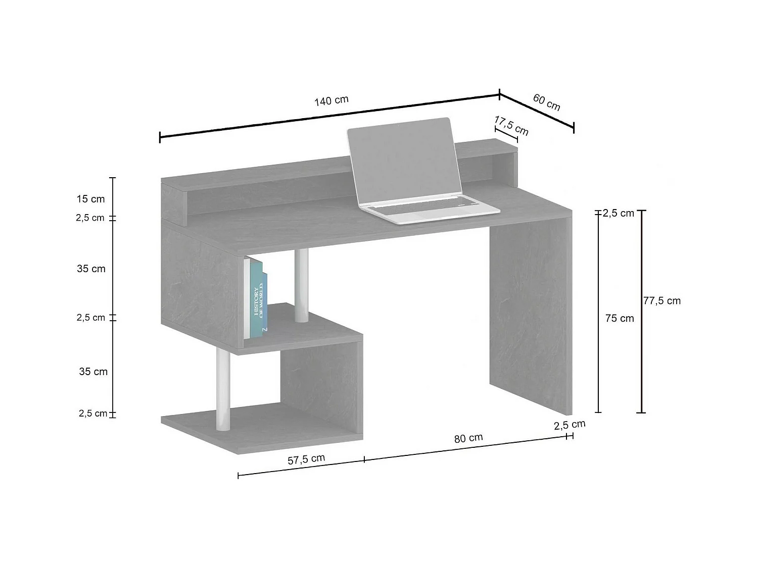Bureau Alain, Bureau linéaire avec étagères de rangement avec lampes LED, Bureau polyvalent avec plateau, 140x60h93 cm, Chêne