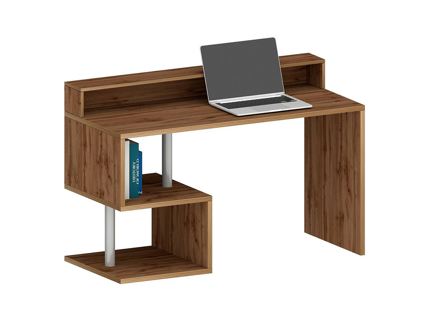 Bureau Alain, Bureau linéaire avec étagères de rangement avec lampes LED, Bureau polyvalent avec plateau, 140x60h93 cm, Chêne