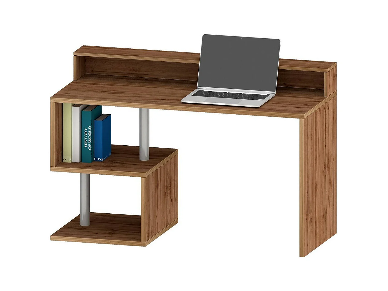 Bureau Alain, Bureau linéaire avec étagères de rangement avec lampes LED, Bureau polyvalent avec plateau, 140x60h93 cm, Chêne