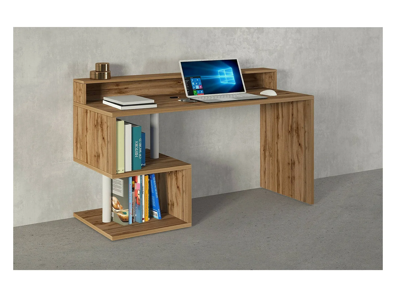 Bureau Alain, Bureau linéaire avec étagères de rangement avec lampes LED, Bureau polyvalent avec plateau, 140x60h93 cm, Chêne