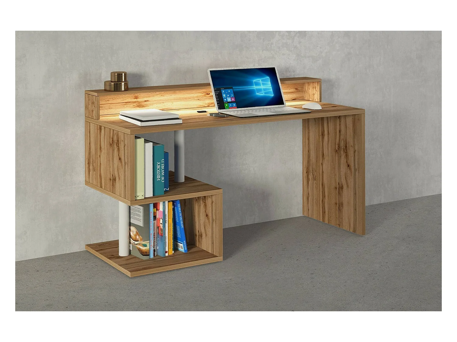 Bureau Alain, Bureau linéaire avec étagères de rangement avec lampes LED, Bureau polyvalent avec plateau, 140x60h93 cm, Chêne