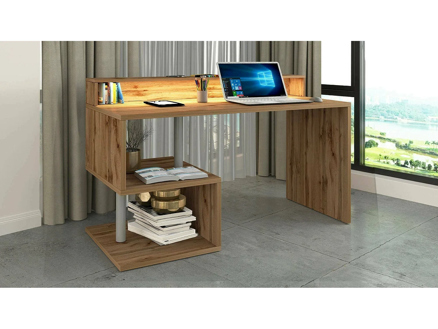 Mesa Dcaldirol, Mesa linear com prateleiras de armazenamento e luzes LED, Mesa de escritório multiuso com salto, 140x60h93 cm, Carvalho