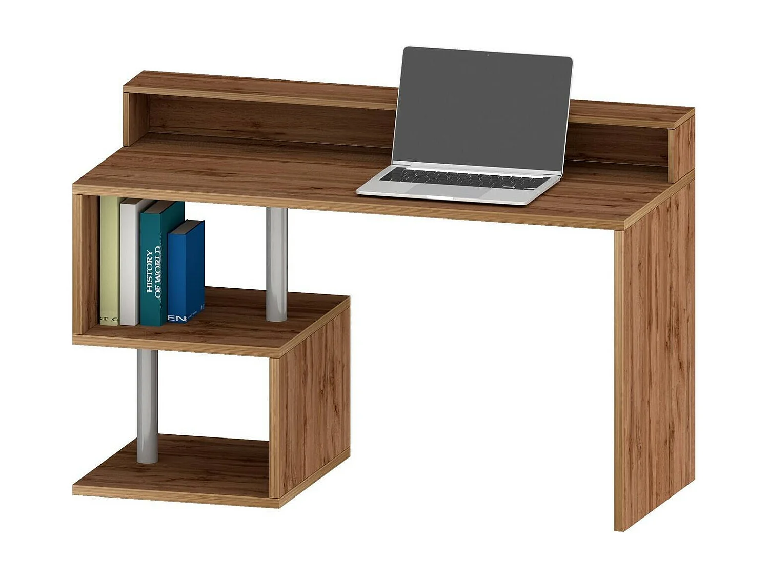 Mesa Dcaldirol, Mesa linear com prateleiras de armazenamento e luzes LED, Mesa de escritório multiuso com salto, 140x60h93 cm, Carvalho