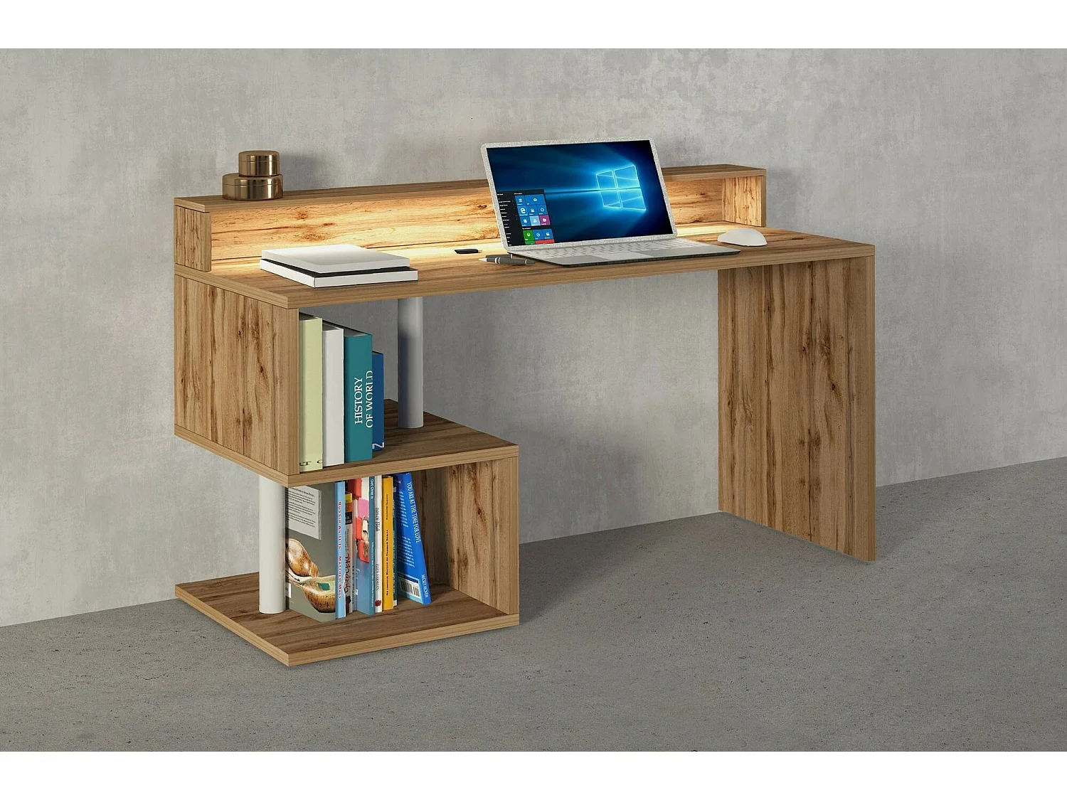 Dcaldirol Bureau, Lineair Bureau met Opbergplanken en LED Verlichting, Multifunctioneel Bureau met Ouverture, 140x60h93 cm, Eiken