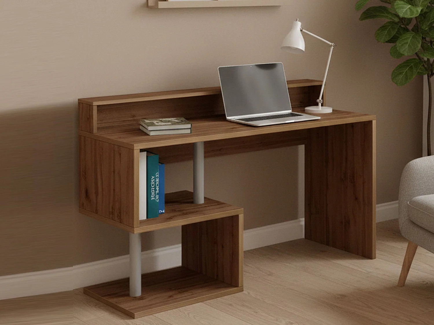 Dcaldirol Bureau, Lineair Bureau met Opbergplanken en LED Verlichting, Multifunctioneel Bureau met Ouverture, 140x60h93 cm, Eiken