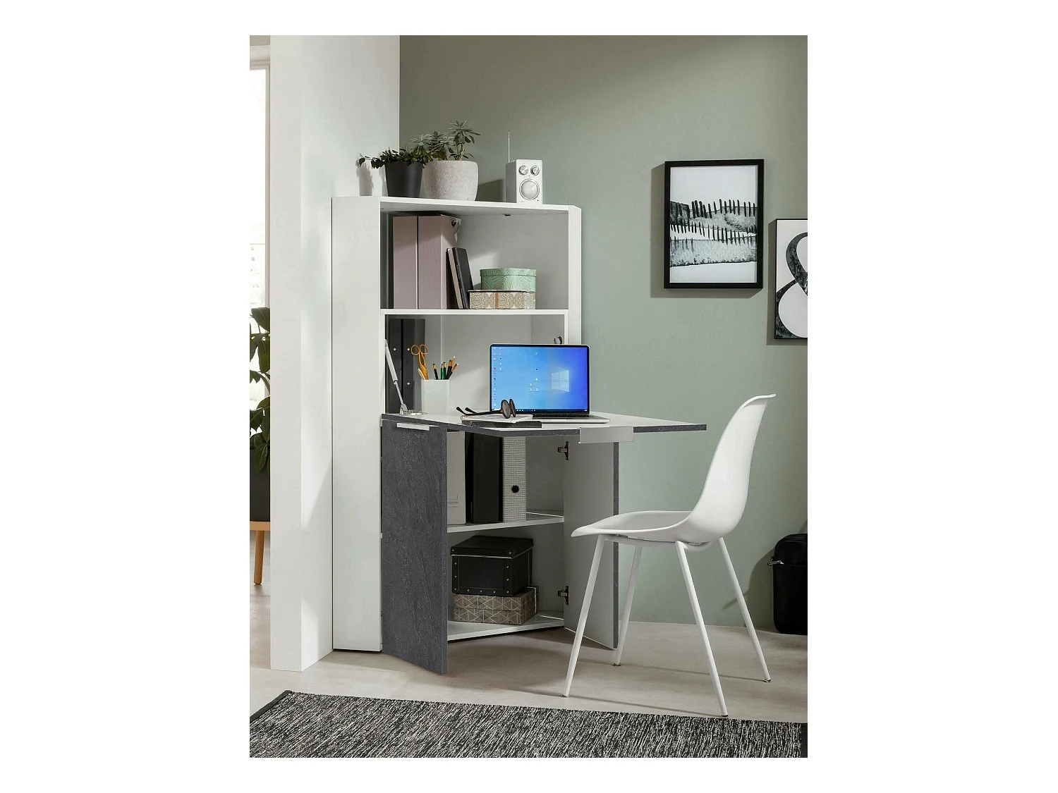 Dcallejo Bureau, Hoekkast met planken en werkblad, Multifunctionele Bureautafel, Ruimtebesparend Bureau, 100% Made in Italy, 70x57h140 cm, Wit en Leisteen