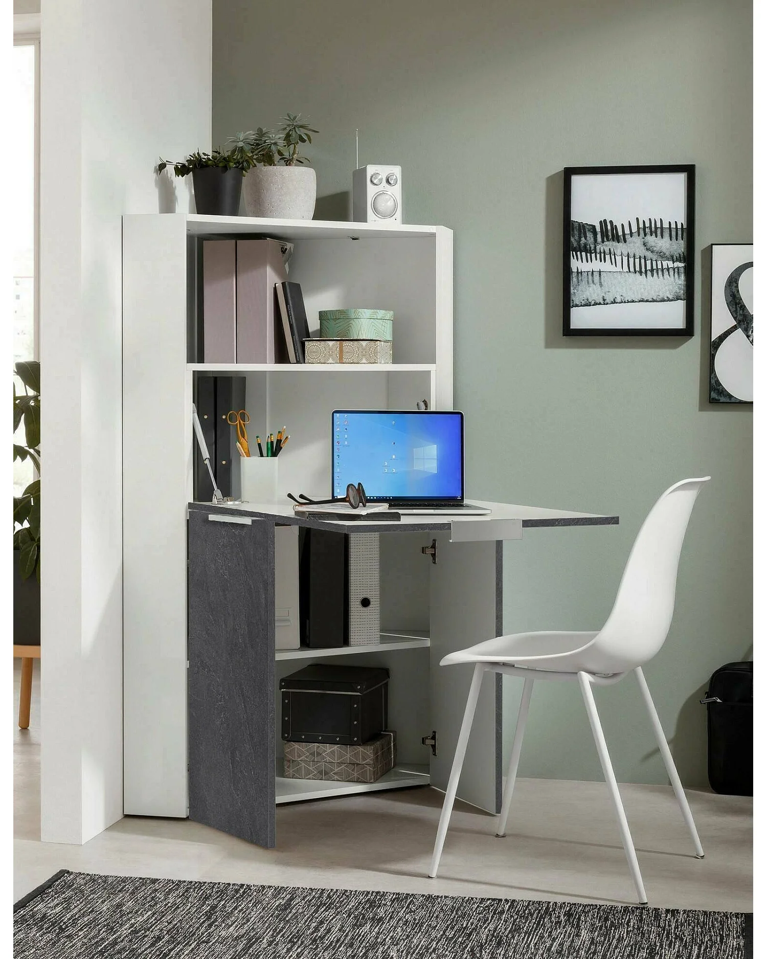 Mea Dcallejo, Armário de canto com prateleira e bancada, Mea multiuo para ecritório, Mea que economiza epaço, 100% Made in Italy, cm 70x57h140, Branco e Ardóia