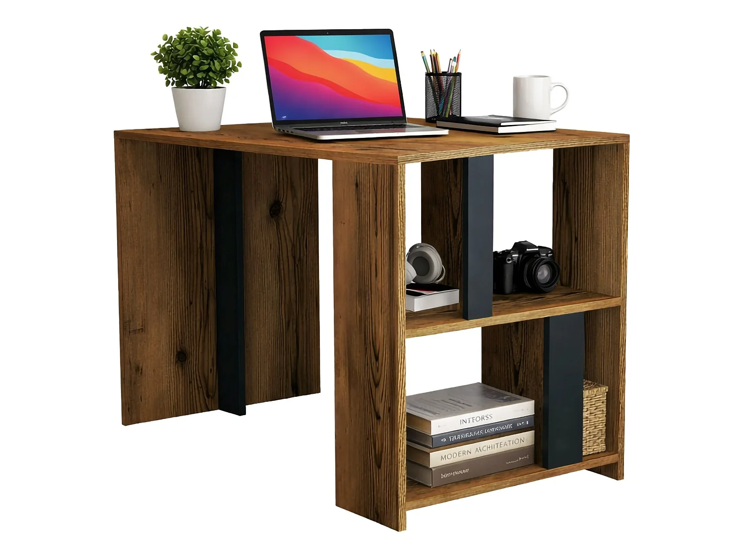 Scrivania Bising, Materiale Piano in Legno Nobilitato, 60x120x75.4h cm Nero Antracite