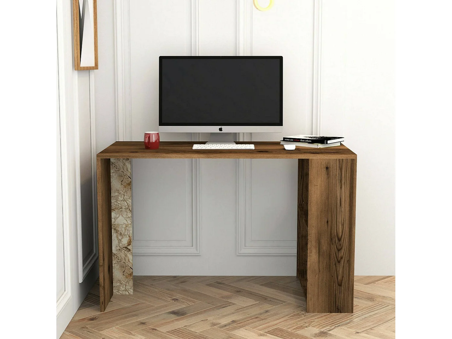 Bureau Schedar, Pupitre polyvalent, Table de bureau pour PC, Plan de travail, 120x60h75 cm, Noyer et Marbre Blanc