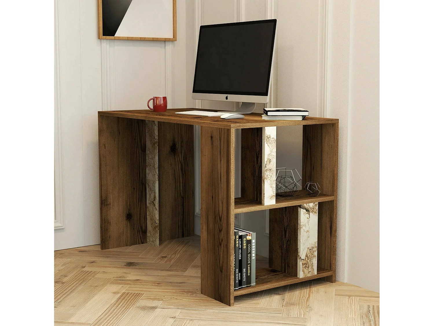 Bureau Schedar, Pupitre polyvalent, Table de bureau pour PC, Plan de travail, 120x60h75 cm, Noyer et Marbre Blanc