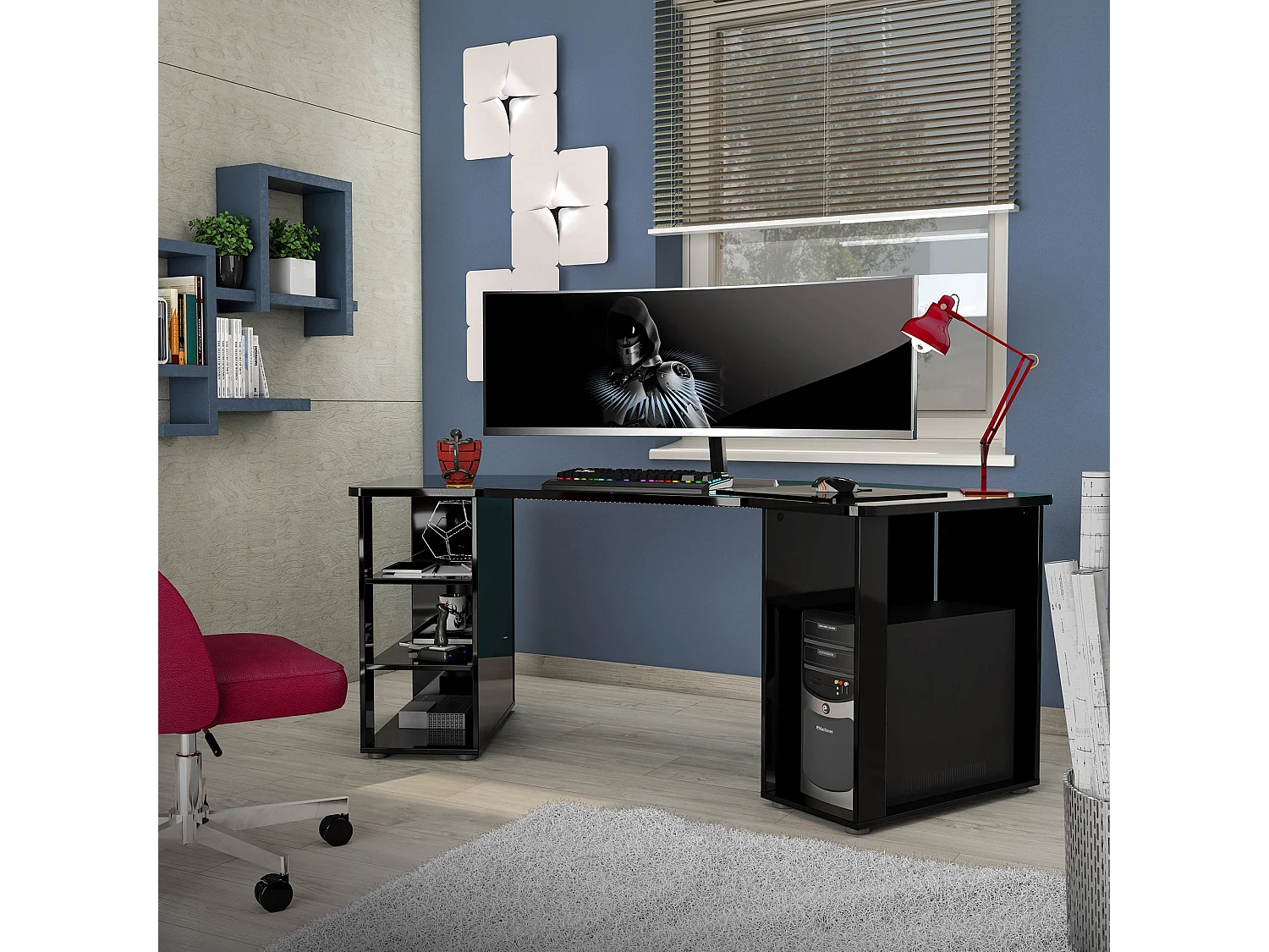 Schreibtisch Dbaldizzon, Mehrzweckschreibtisch, Bürotisch für PC, Eckschreibtisch, Made in Italy, 205x91h76 cm, Glänzendes Schwarz