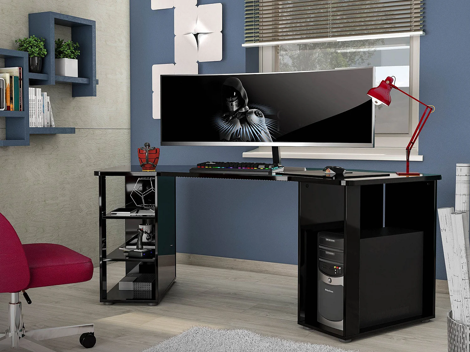 Bureau Bangui, Pupitre polyvalent, Table de bureau pour PC, Plan de travail, Made in Italy, 205x91h76 cm, Noir brillant