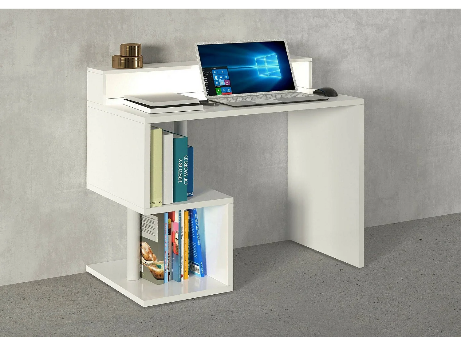 Bureau Adrien, Bureau linéaire avec étagères de rangement avec lampes LED, Bureau polyvalent avec plateau, 100x50h93 cm, Blanc