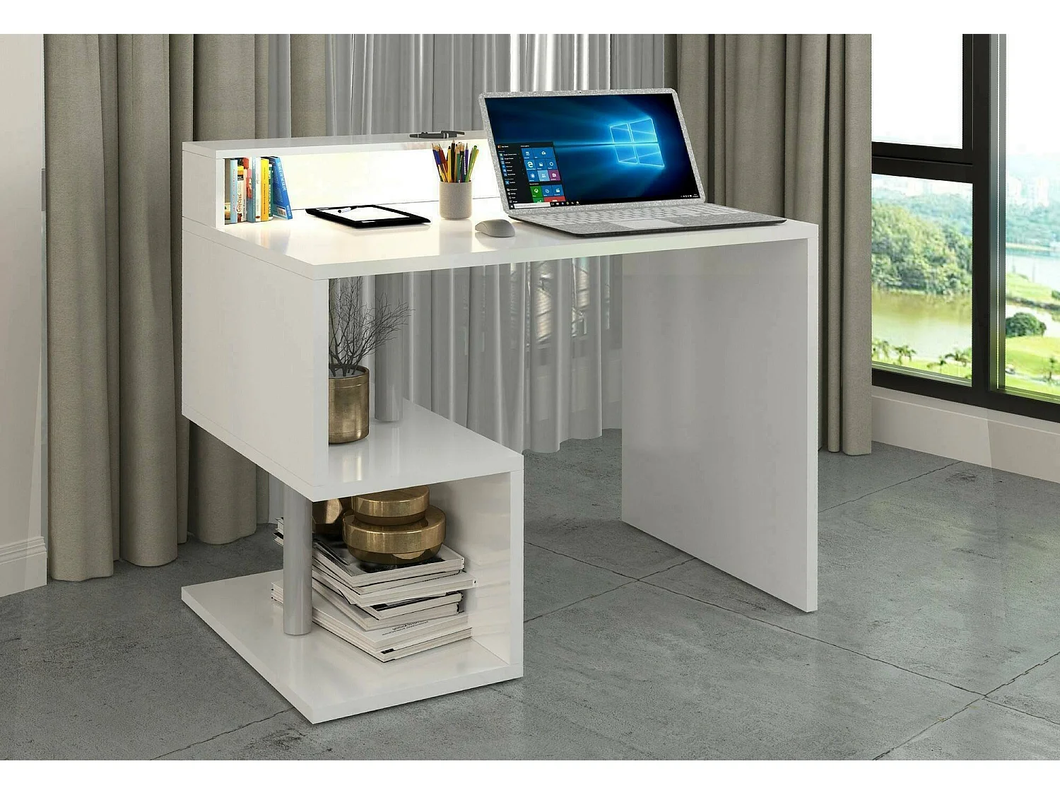 Mesa Dcalafior, Escrivaninha linear com prateleiras de armazenamento e luzes LED, Mesa de escritório multiuso com salto, 100x50h93 cm, Branco