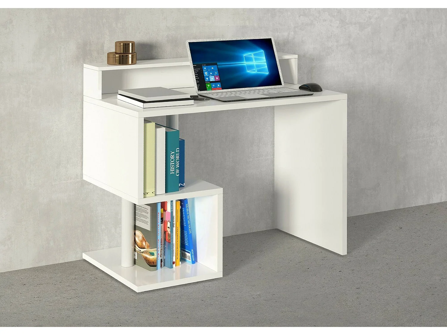 Bureau Adrien, Bureau linéaire avec étagères de rangement avec lampes LED, Bureau polyvalent avec plateau, 100x50h93 cm, Blanc