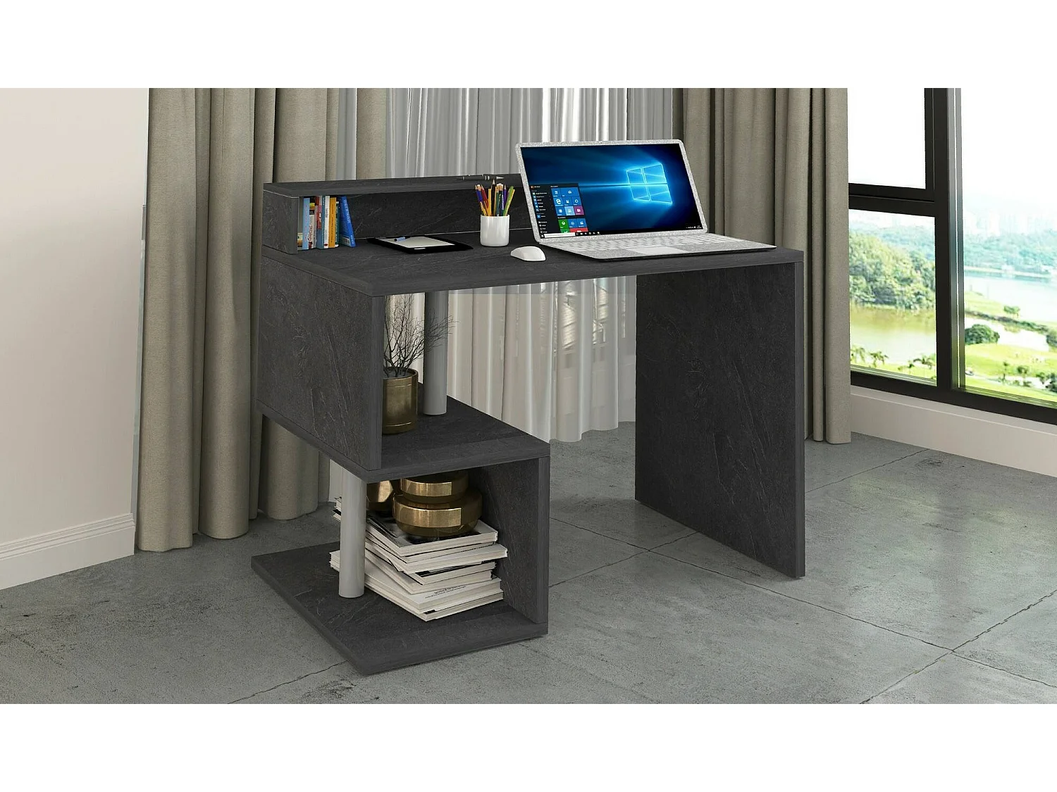 Bureau Adrien, Bureau linéaire avec étagères de rangement avec lampes LED, Bureau polyvalent avec plateau, 100x50h93 cm, Ardoise