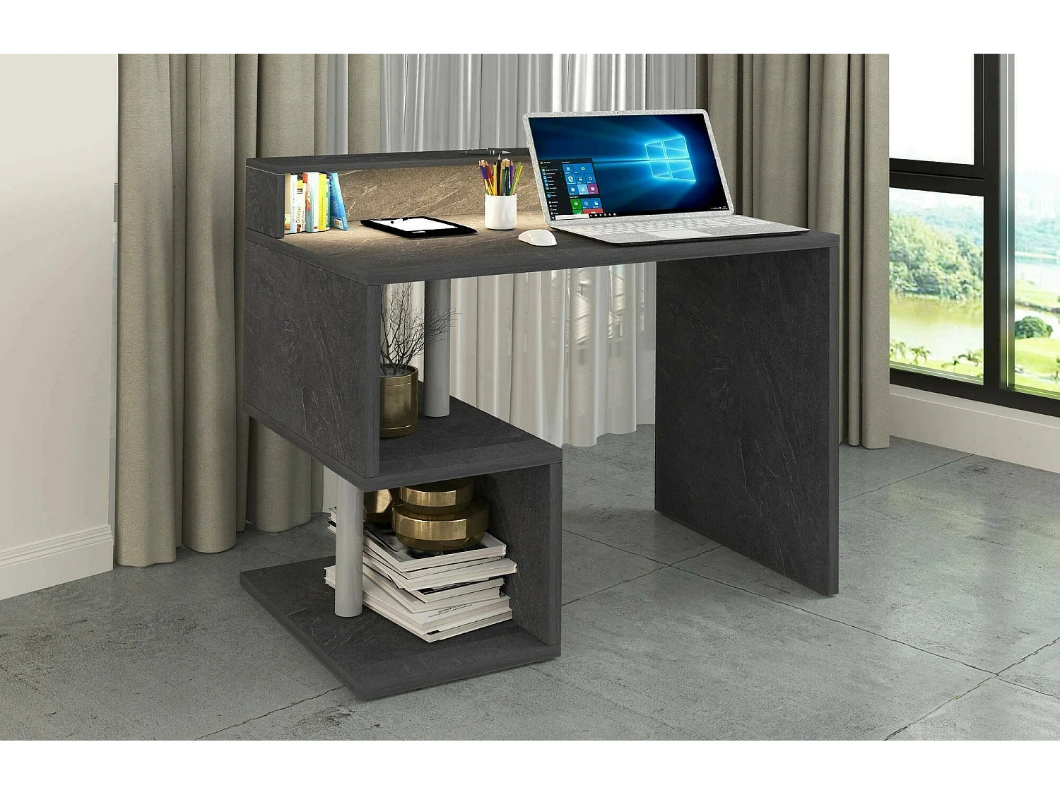 Mesa Dcalafior, Mesa de trabalho linear com prateleiras de armazenamento e luzes LED, Mesa de escritório multiuso com salça, 100x50h93 cm, Ardósia
