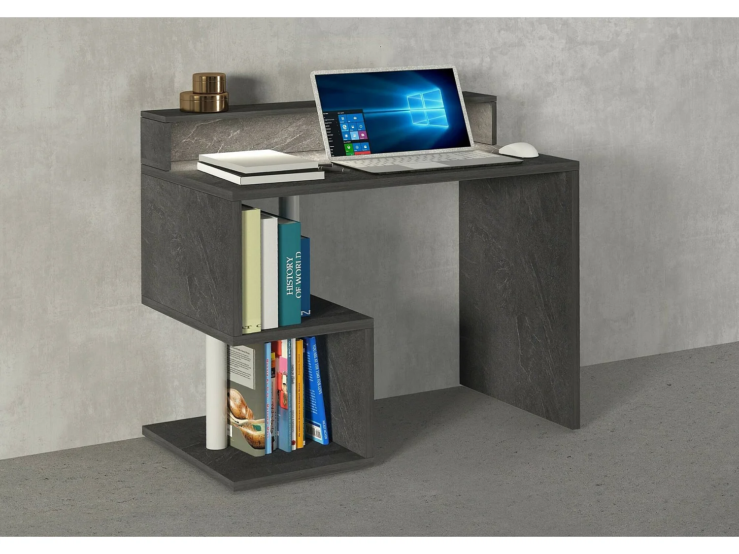 Mesa Dcalafior, Mesa de trabalho linear com prateleiras de armazenamento e luzes LED, Mesa de escritório multiuso com salça, 100x50h93 cm, Ardósia