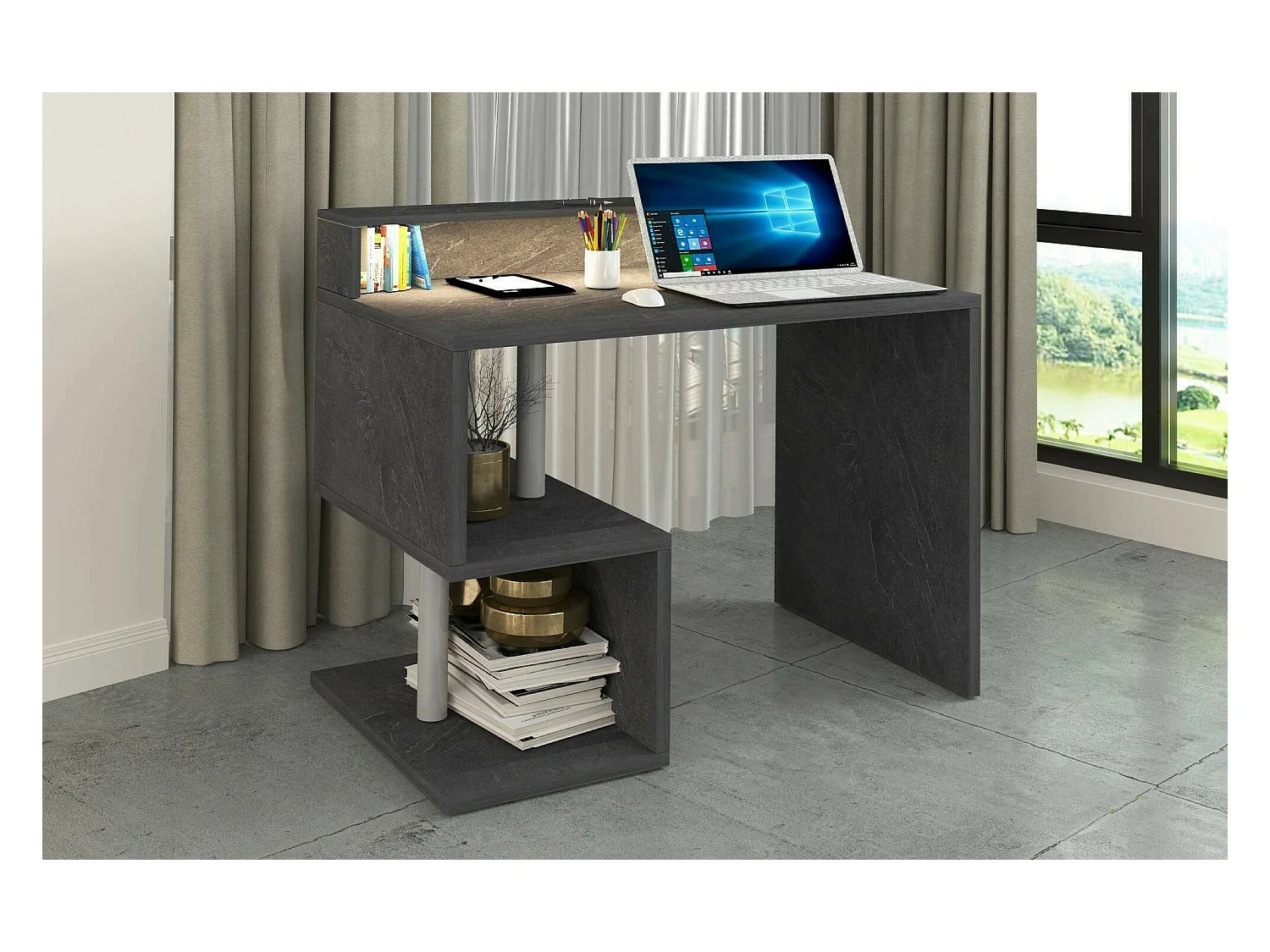 Bureau Adrien, Bureau linéaire avec étagères de rangement avec lampes LED, Bureau polyvalent avec plateau, 100x50h93 cm, Ardoise