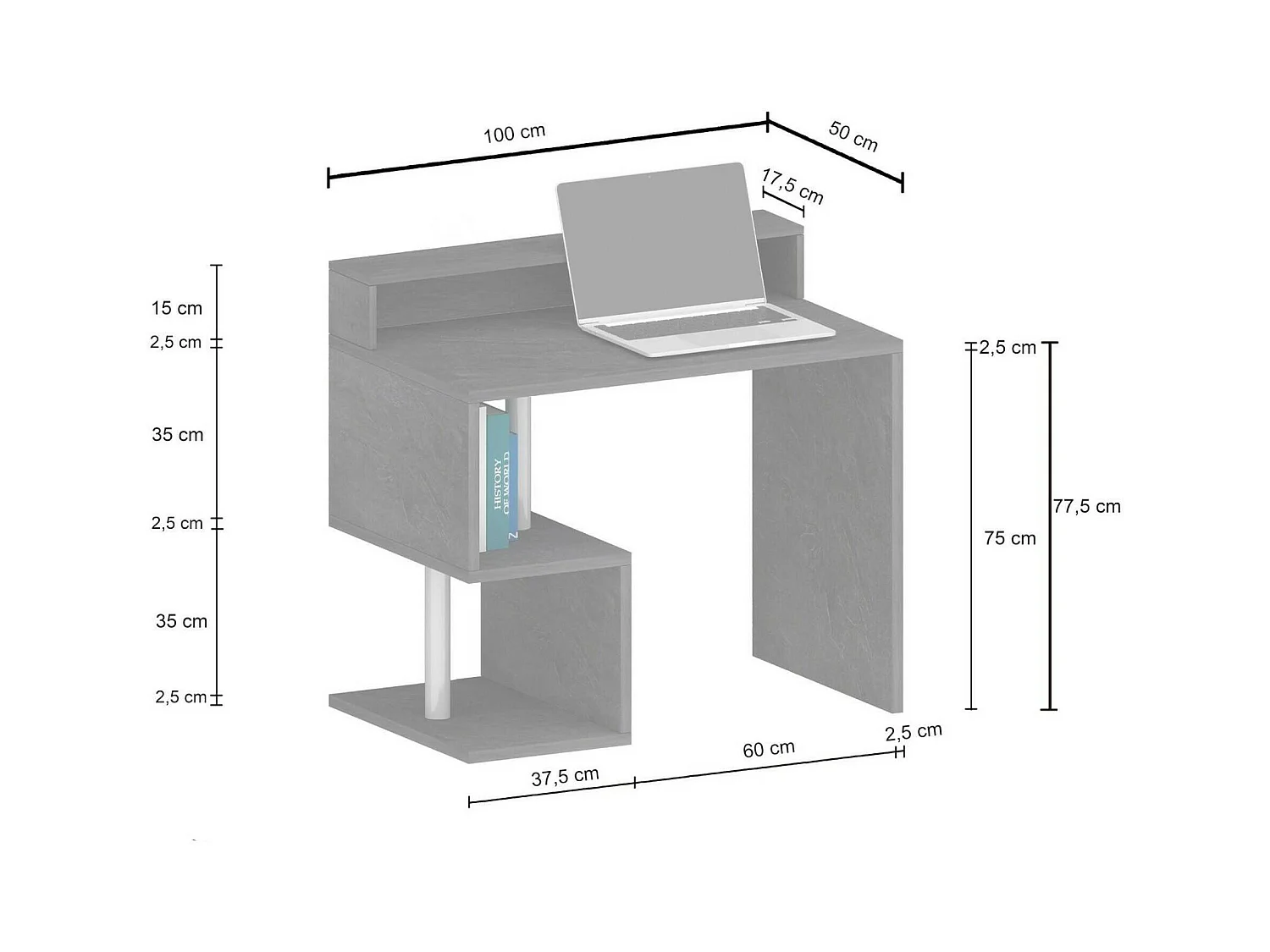 Bureau Adrien, Bureau linéaire avec étagères de rangement avec lampes LED, Bureau polyvalent avec plateau, 100x50h93 cm, Ardoise