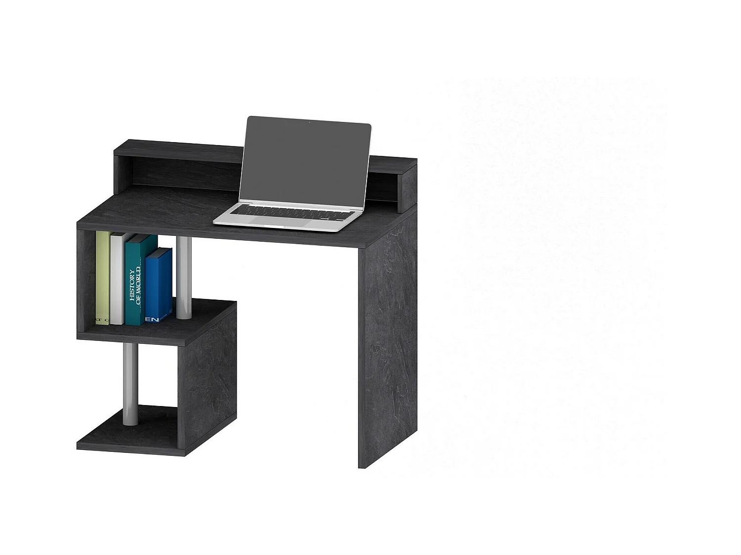 Bureau Adrien, Bureau linéaire avec étagères de rangement avec lampes LED, Bureau polyvalent avec plateau, 100x50h93 cm, Ardoise