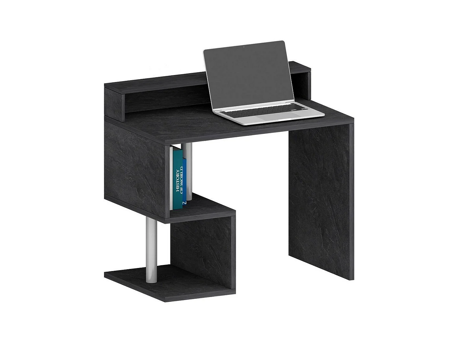 Bureau Adrien, Bureau linéaire avec étagères de rangement avec lampes LED, Bureau polyvalent avec plateau, 100x50h93 cm, Ardoise