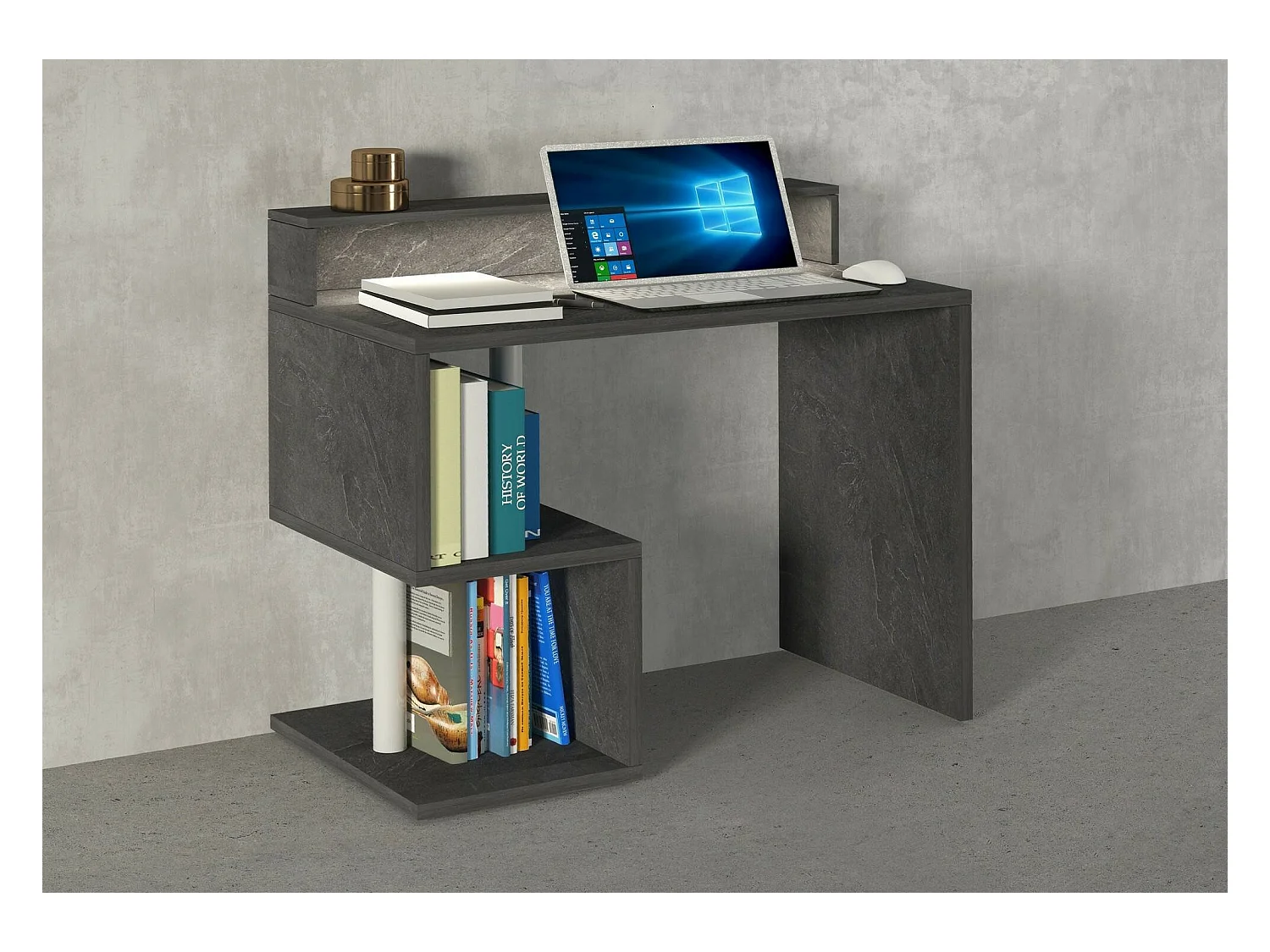 Bureau Adrien, Bureau linéaire avec étagères de rangement avec lampes LED, Bureau polyvalent avec plateau, 100x50h93 cm, Ardoise
