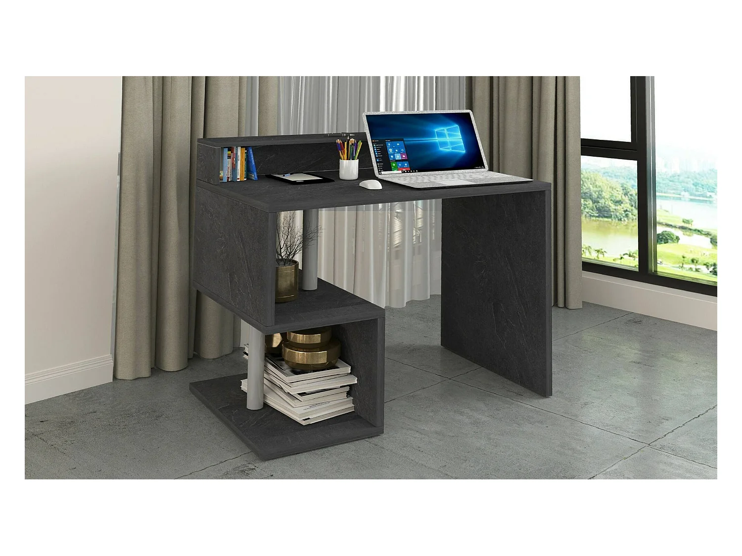 Bureau Adrien, Bureau linéaire avec étagères de rangement avec lampes LED, Bureau polyvalent avec plateau, 100x50h93 cm, Ardoise