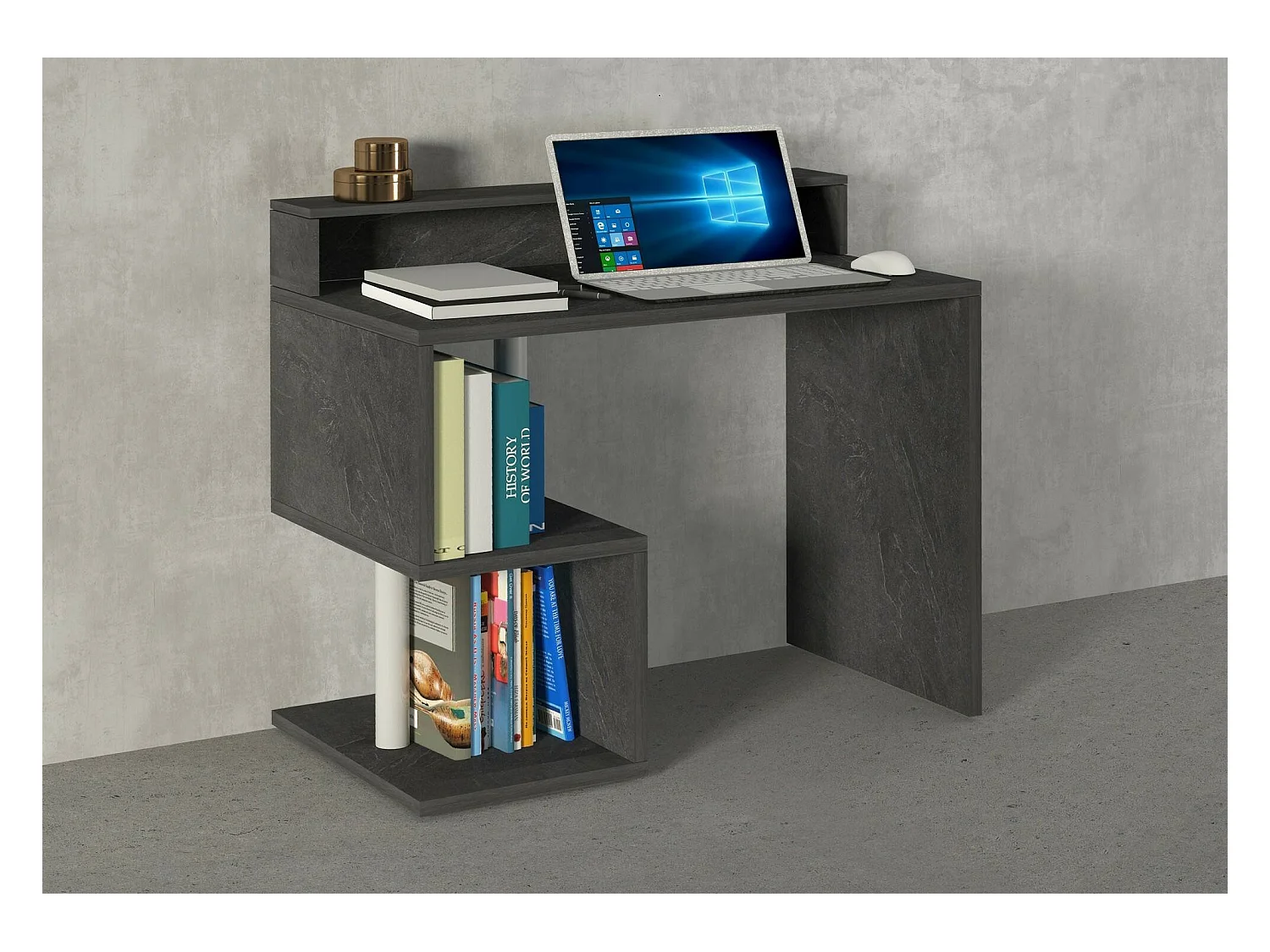 Bureau Adrien, Bureau linéaire avec étagères de rangement avec lampes LED, Bureau polyvalent avec plateau, 100x50h93 cm, Ardoise