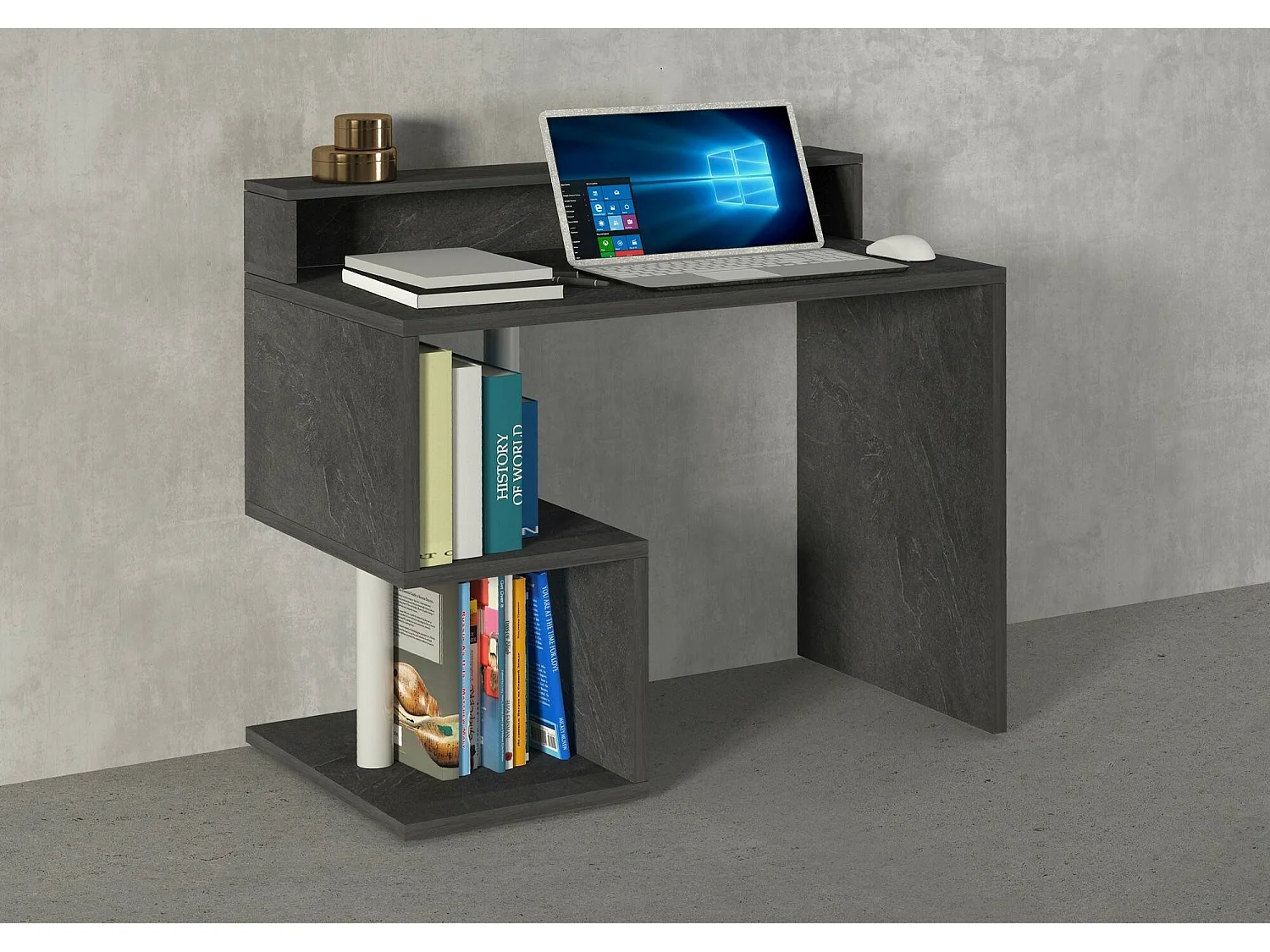 Bureau Adrien, Bureau linéaire avec étagères de rangement avec lampes LED, Bureau polyvalent avec plateau, 100x50h93 cm, Ardoise