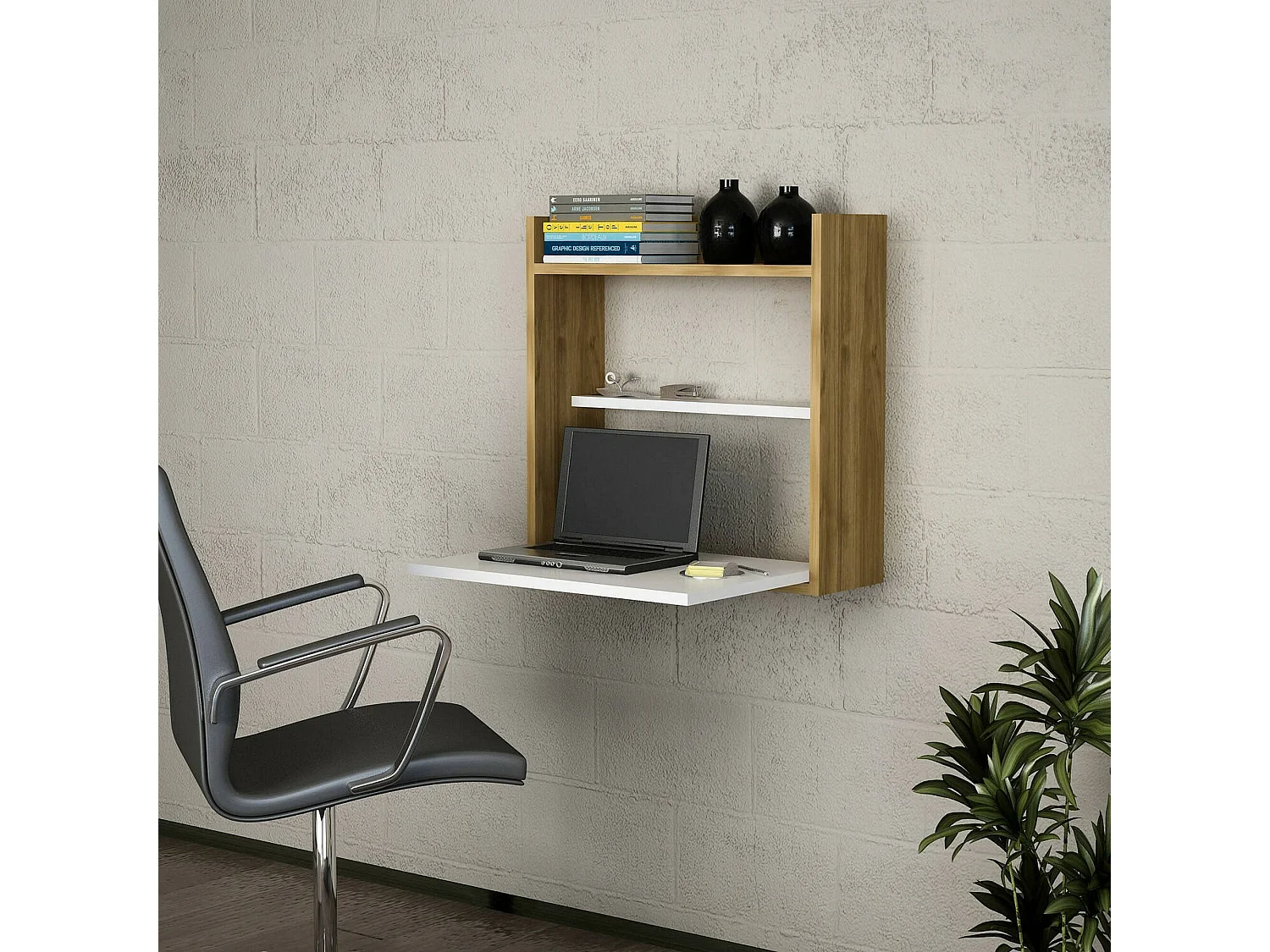 Bureau Pola, Pupitre polyvalent, Table de bureau pour PC, Plan de travail, 60x20h60 cm, Blanc et Noyer