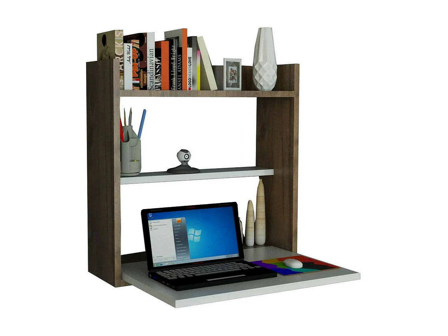 Bureau Pola, Pupitre polyvalent, Table de bureau pour PC, Plan de travail, 60x20h60 cm, Blanc et Noyer