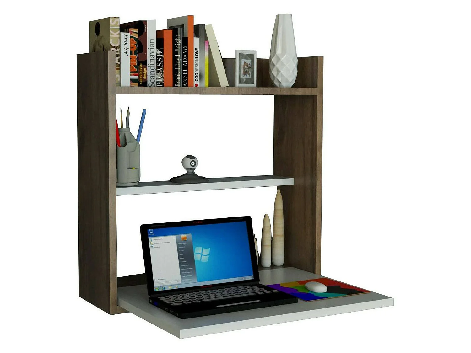 Bureau Pola, Pupitre polyvalent, Table de bureau pour PC, Plan de travail, 60x20h60 cm, Blanc et Noyer