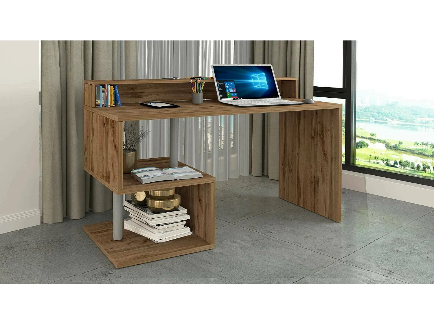 Bureau Silvestro, Bureau linéaire avec étagères de rangement, Bureau polyvalent avec plateau, 140x60h93 cm, Chêne