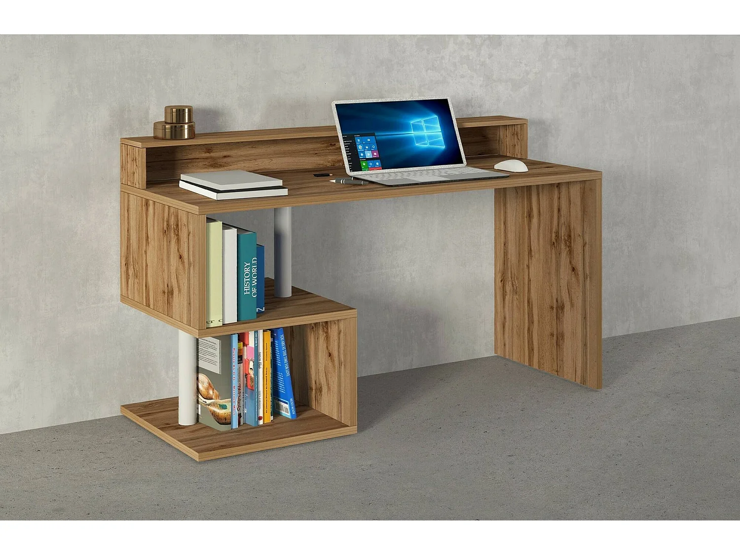 Mesa Dcheryshe, Mesa de trabalho linear com prateleiras de armazenamento, Mesa de escritório multiusos com salto, 140x60h93 cm, Carvalho