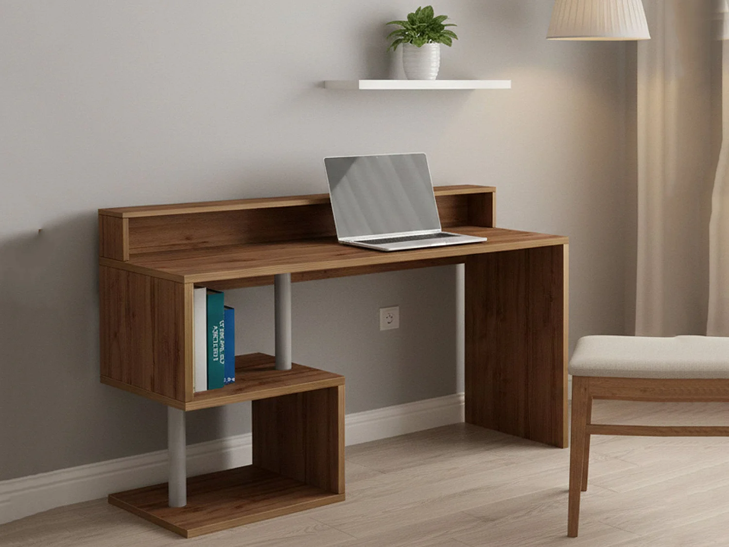 Bureau Silvestro, Bureau linéaire avec étagères de rangement, Bureau polyvalent avec plateau, 140x60h93 cm, Chêne