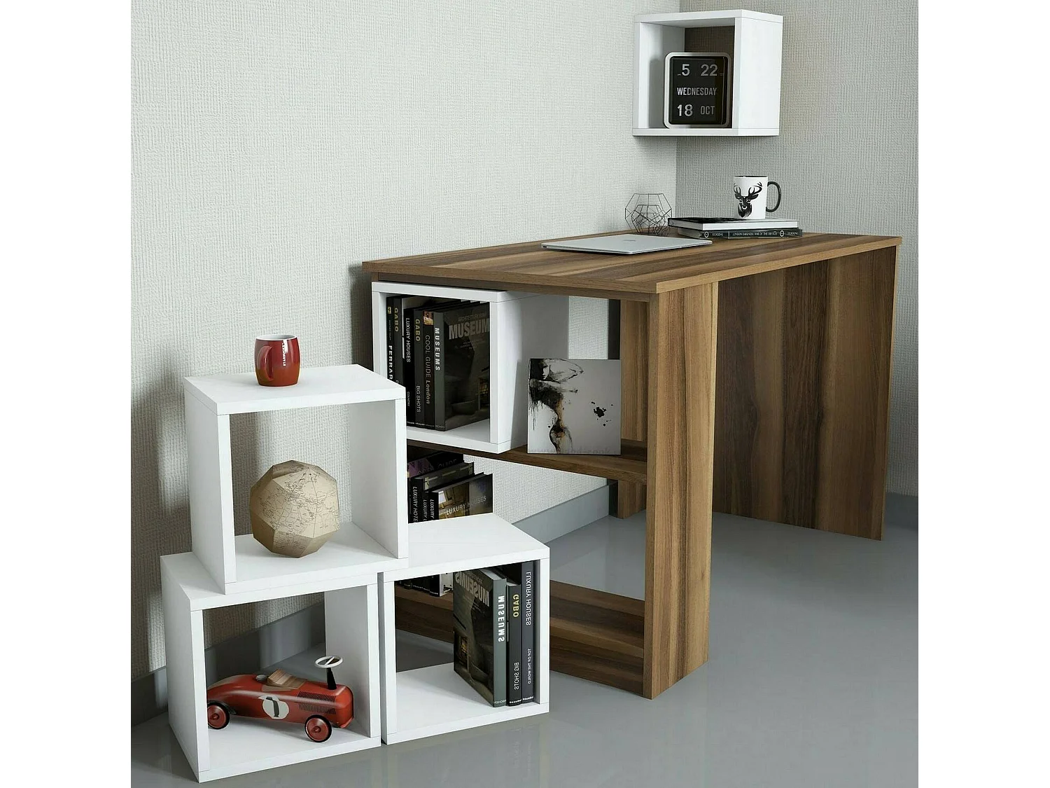 Dpin Bureau, Multifunctioneel Bureau, PC Kantoortafel, Werkblad, 120x65h75 cm, Walnoot en Wit