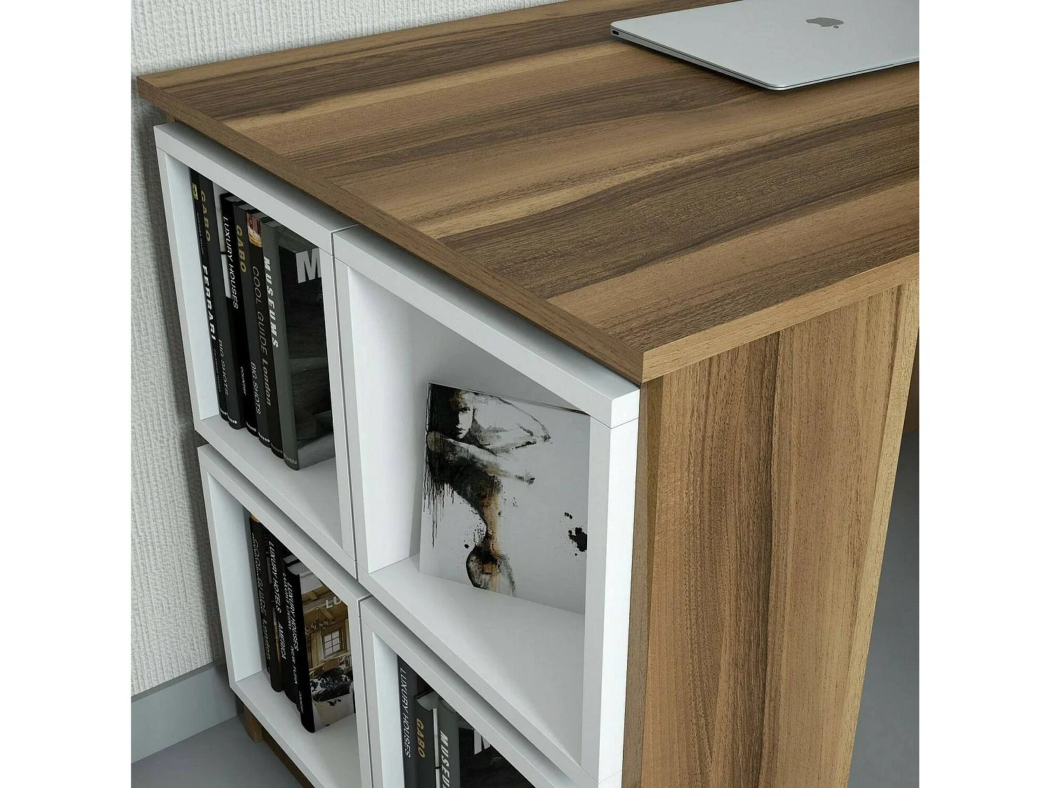 Dpin Bureau, Multifunctioneel Bureau, PC Kantoortafel, Werkblad, 120x65h75 cm, Walnoot en Wit