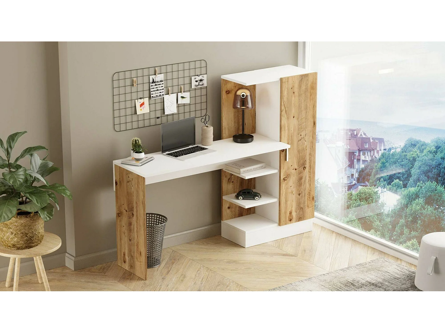 Dfasolat Bureau, Multifunctioneel Bureau, PC Bureautafel, Werkblad, 152x40h120 cm, Eiken en Wit