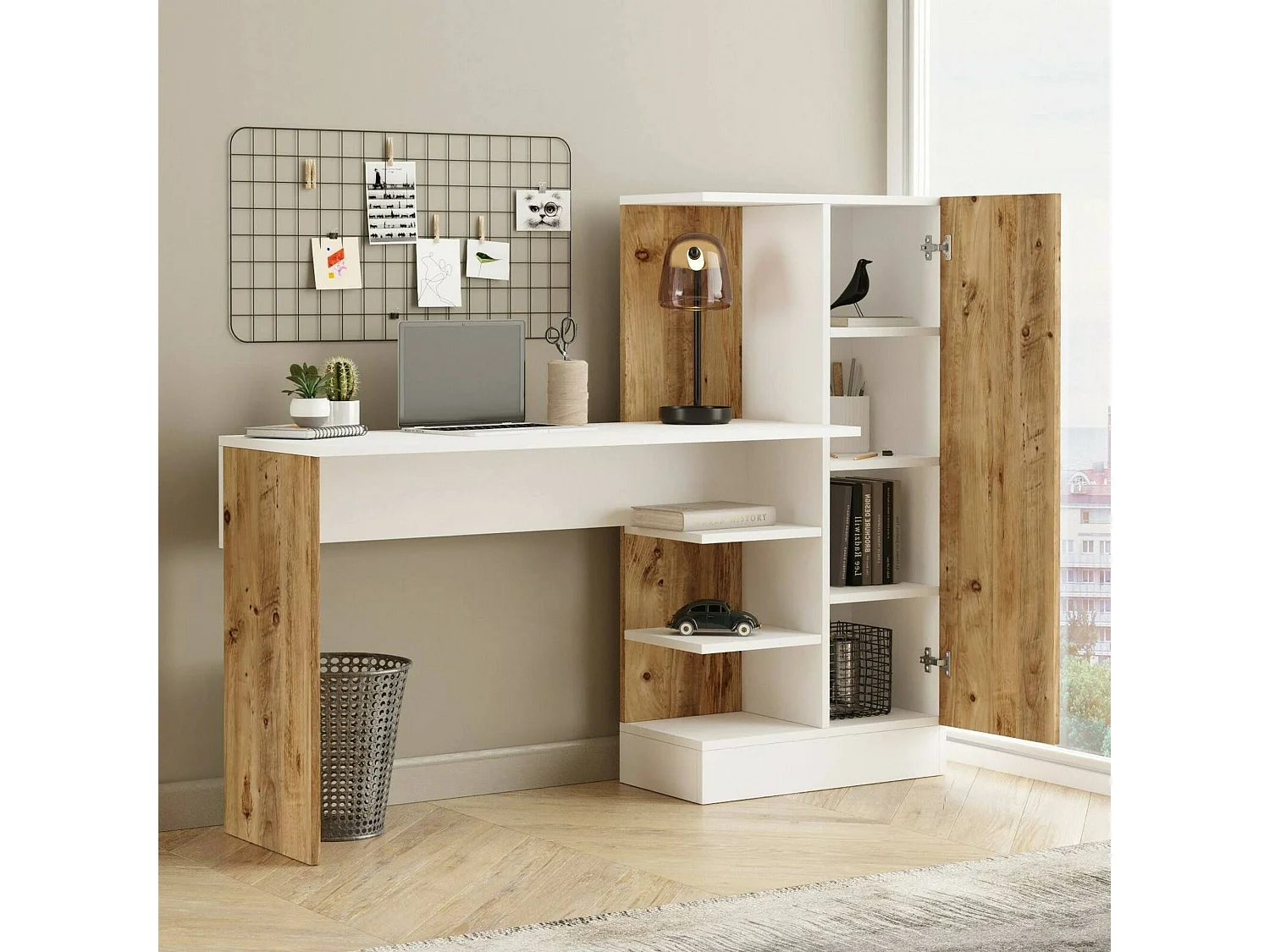 Bureau Ancha, Pupitre polyvalent, Table de bureau pour PC, Plan de travail, 152x40h120 cm, Chêne et Blanc