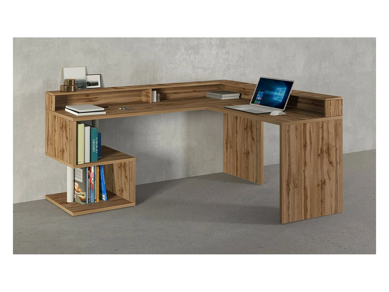 Bureau Sansone, Bureau d'angle avec étagères de rangement, Bureau polyvalent avec plateau, 180x60h93 cm, Chêne