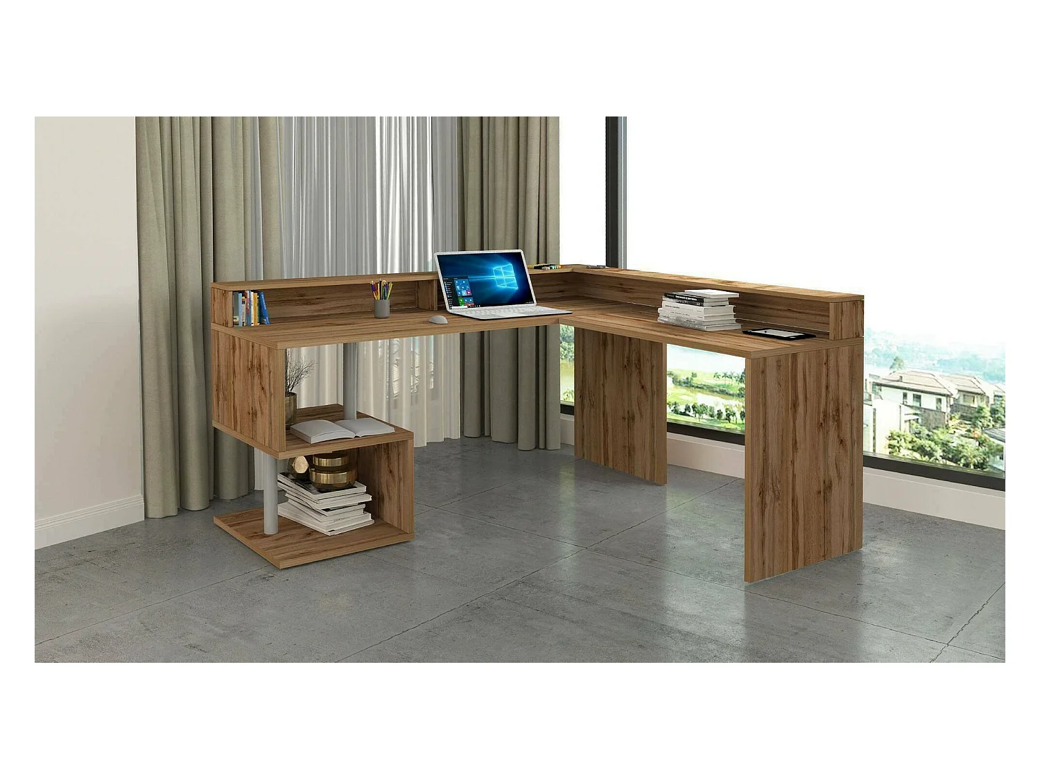 Bureau Sansone, Bureau d'angle avec étagères de rangement, Bureau polyvalent avec plateau, 180x60h93 cm, Chêne