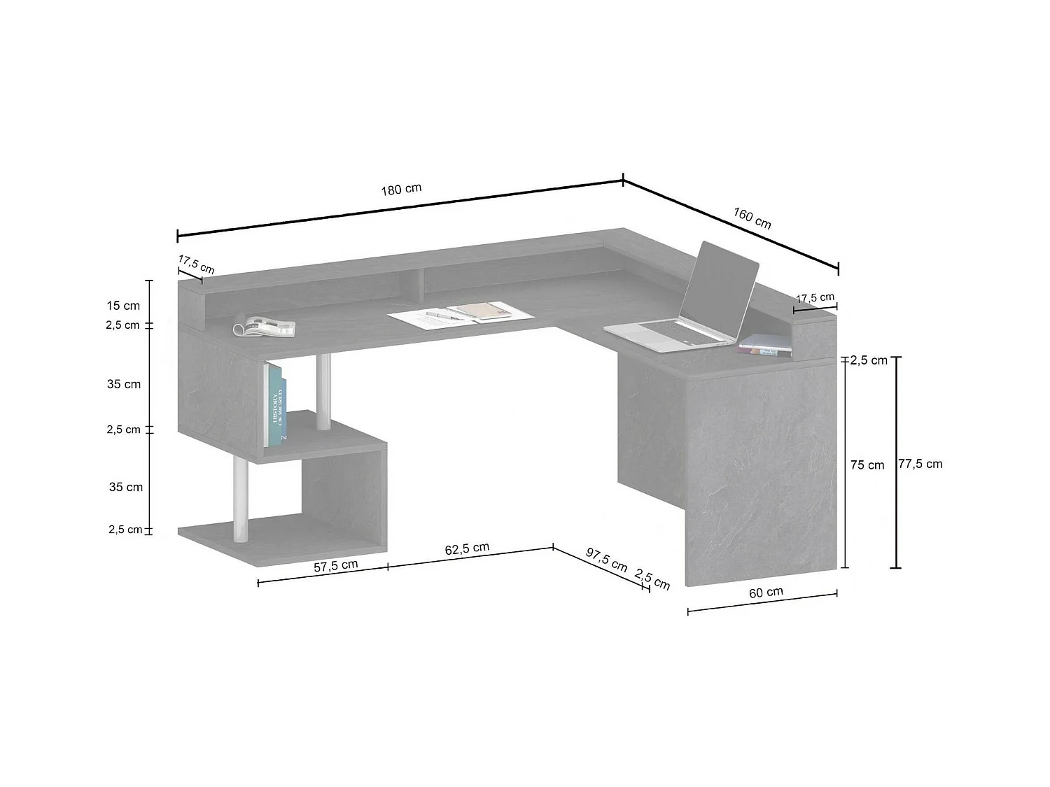 Bureau Sansone, Bureau d'angle avec étagères de rangement, Bureau polyvalent avec plateau, 180x60h93 cm, Chêne