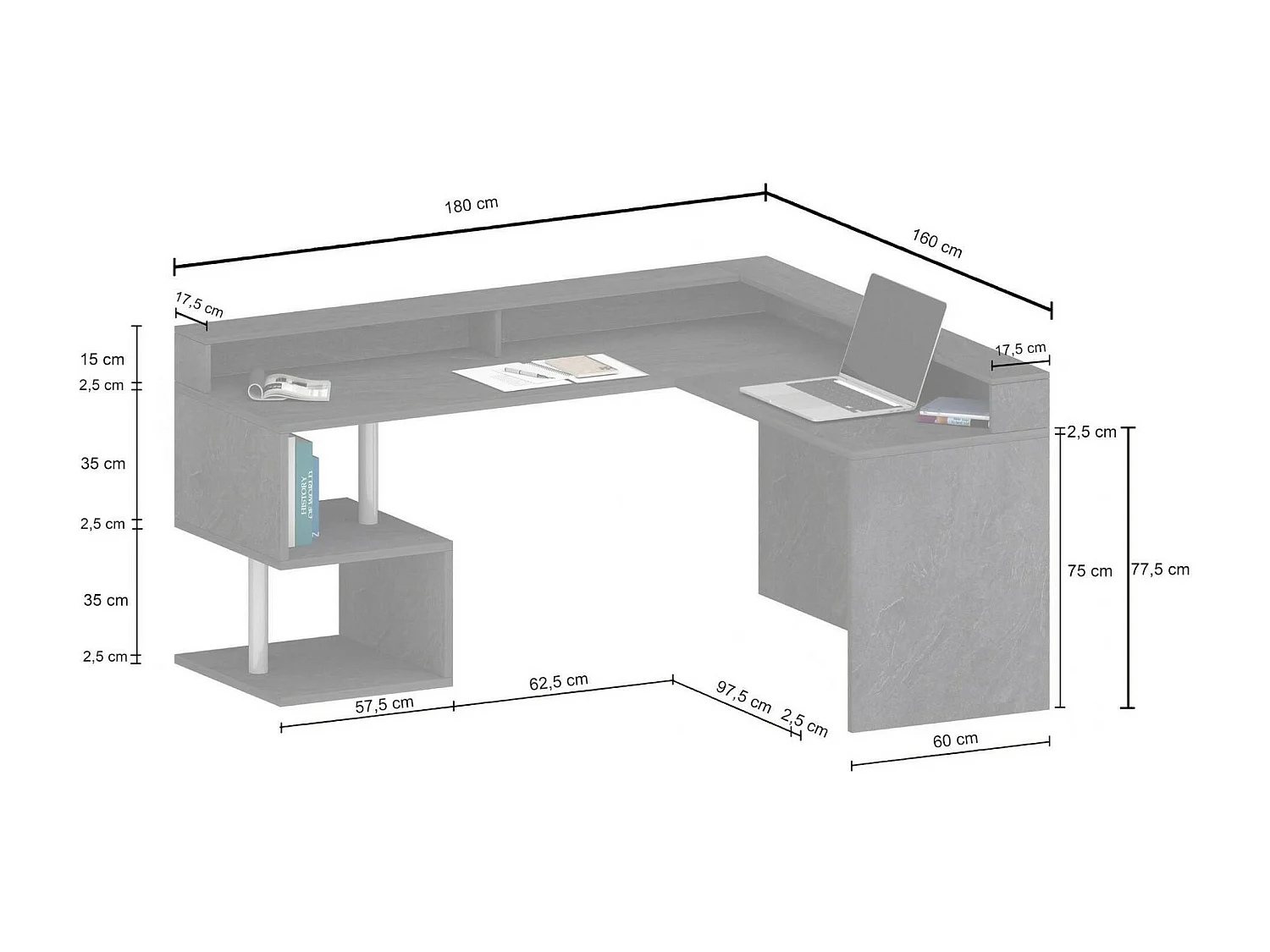 Bureau Sansone, Bureau d'angle avec étagères de rangement, Bureau polyvalent avec plateau, 180x60h93 cm, Chêne